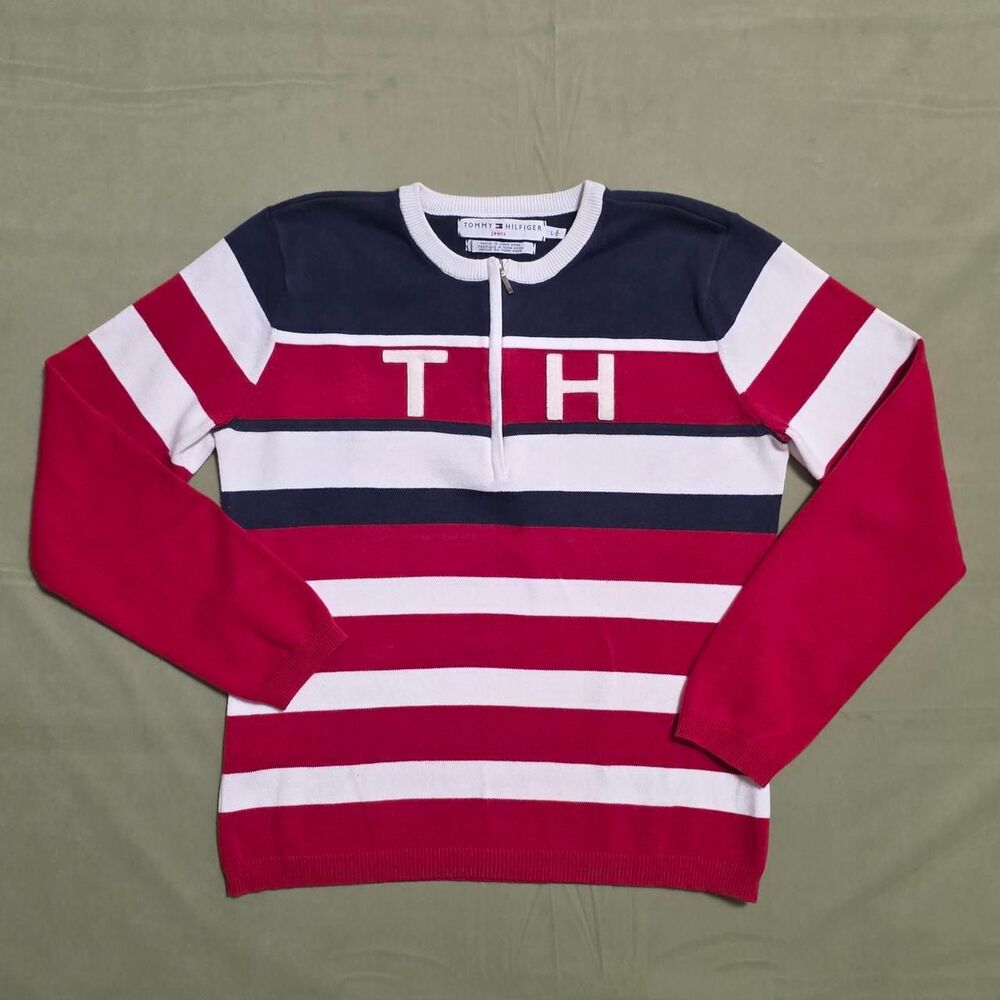 Vintage 90s Tommy Hilfiger Striped Quarter-Zip Sweater Size L Made in HK
